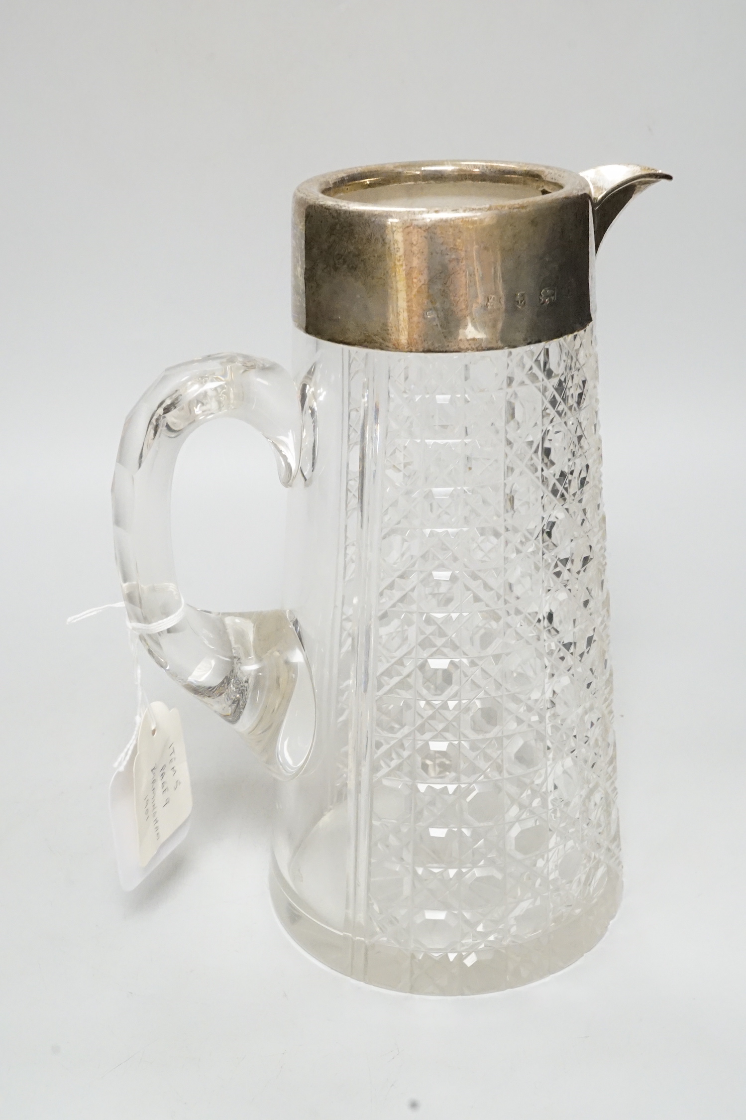 An Edwardian silver mounted cut glass lemonade jug, Alexander Clark Manufacturing Co, Birmingham, 1902, 23cm
